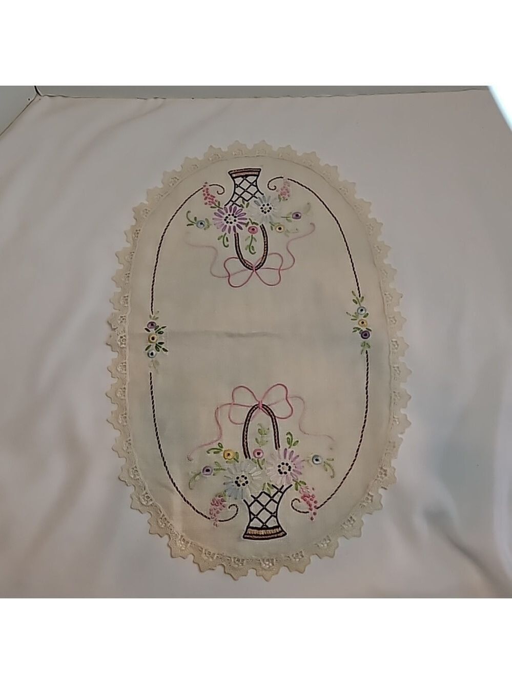 Vintage Hand Stitched Needlepoint Doily Oval Floral - Picture 5 of 17